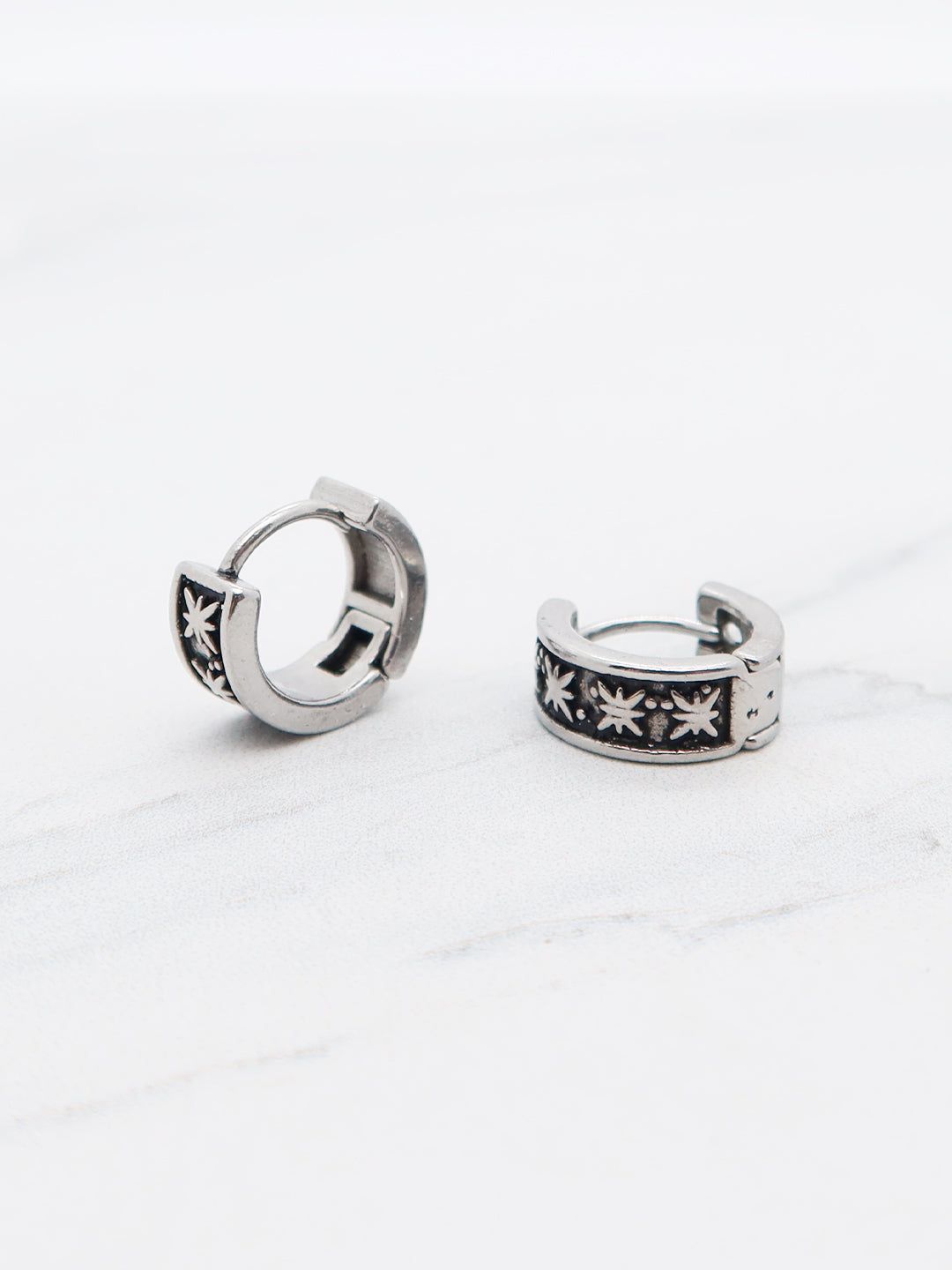 Celestial Bloom Huggies - Floral Engraved Titanium Earrings