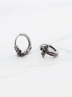 Gothic-style cross hoop earrings made from titanium with intricate details
