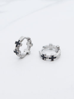 Gothic Cross Hoop Earrings featuring black enamel inlays and stainless steel construction with a high-polish finish.