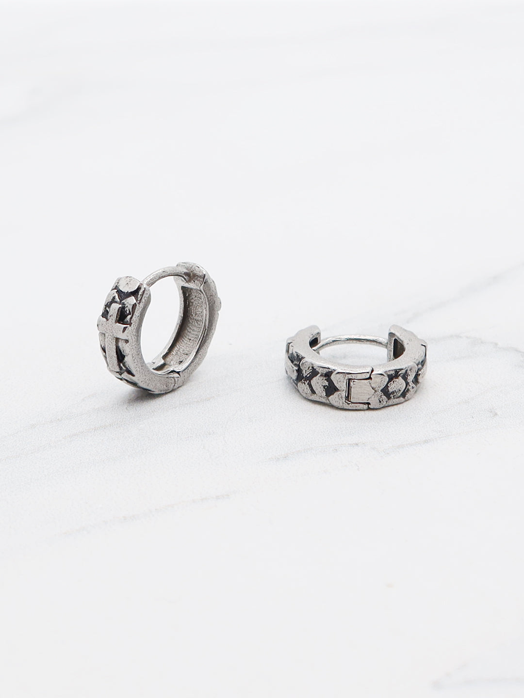 Silver Tribal Hoop Earrings with Intricate Pattern Design