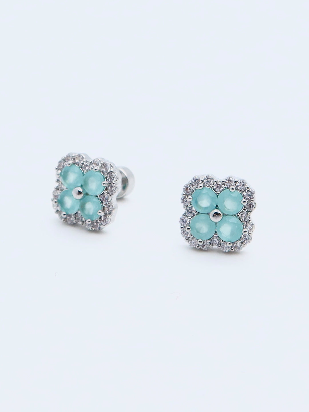 Aqua Clover Stud Earrings with crystal halo