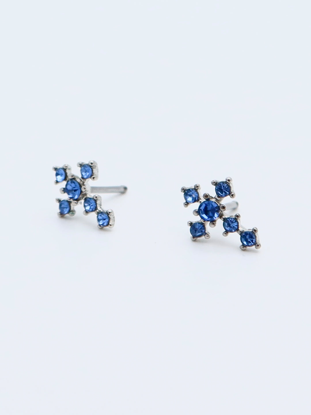 Blue Crystal Cluster Stud Earrings with Titanium Base and Flat Back Screw Closure