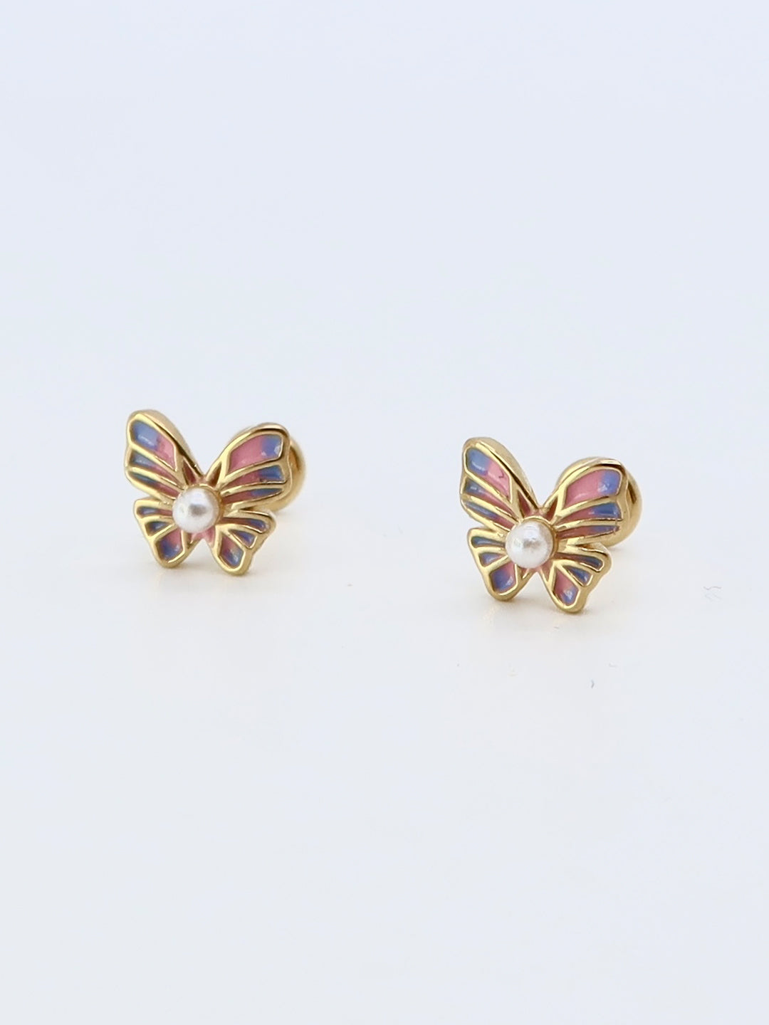 Golden butterfly flat back stud earrings with iridescent enamel wings and pearl centers, featuring gold-tone plating and flat back closures