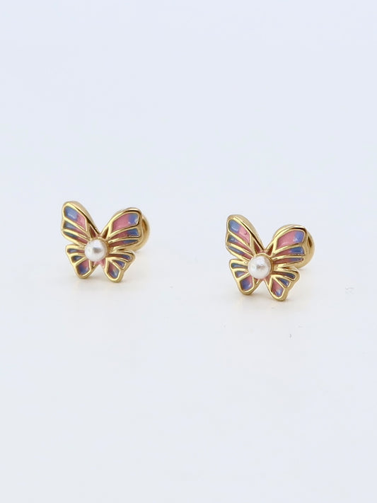 Golden butterfly flat back stud earrings with iridescent enamel wings and pearl centers, featuring gold-tone plating and flat back closures