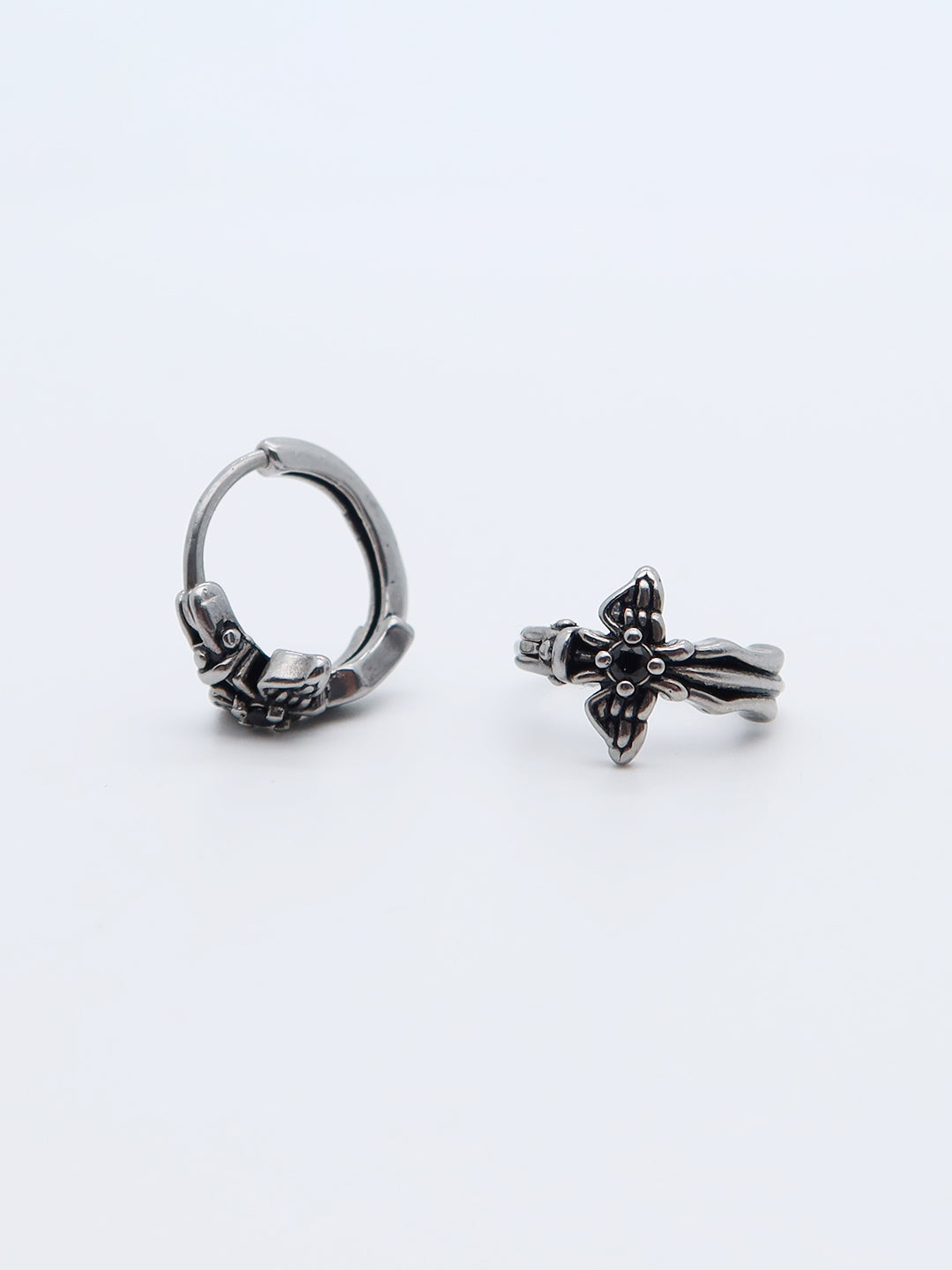 Gothic-style cross hoop earrings made from titanium with intricate details