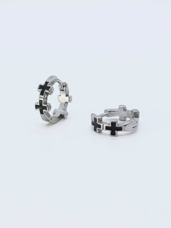 Gothic Cross Hoop Earrings featuring black enamel inlays and stainless steel construction with a high-polish finish.