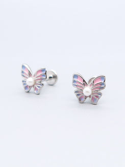 Iridescent butterfly stud earrings with pearl accent