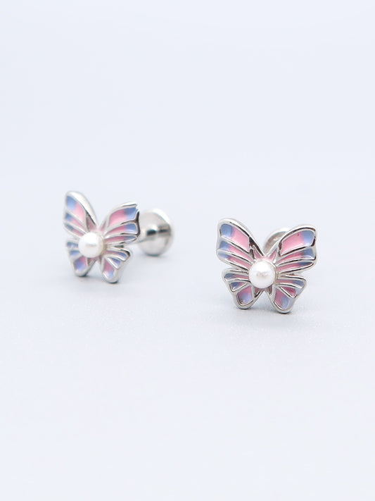 Iridescent butterfly stud earrings with pearl accent