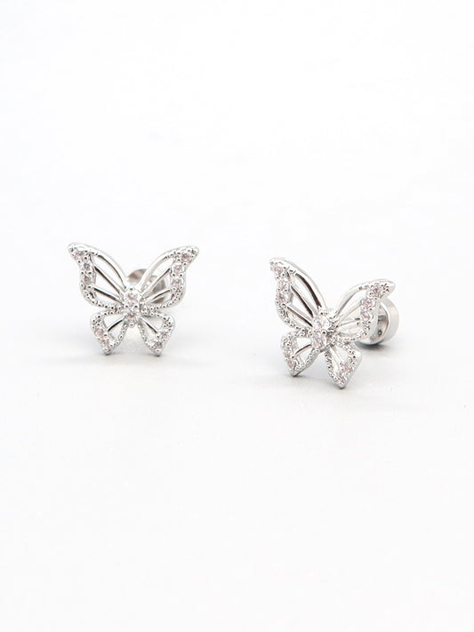 Silver butterfly crystal stud earrings with flat-back closure